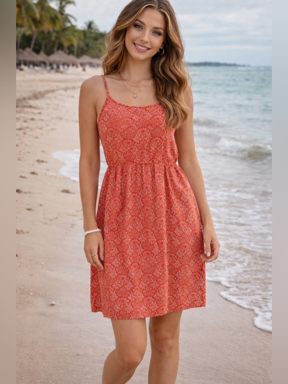 Old Navy 🪸 Coral Patterned Mini Dress Sundress Spaghetti Straps